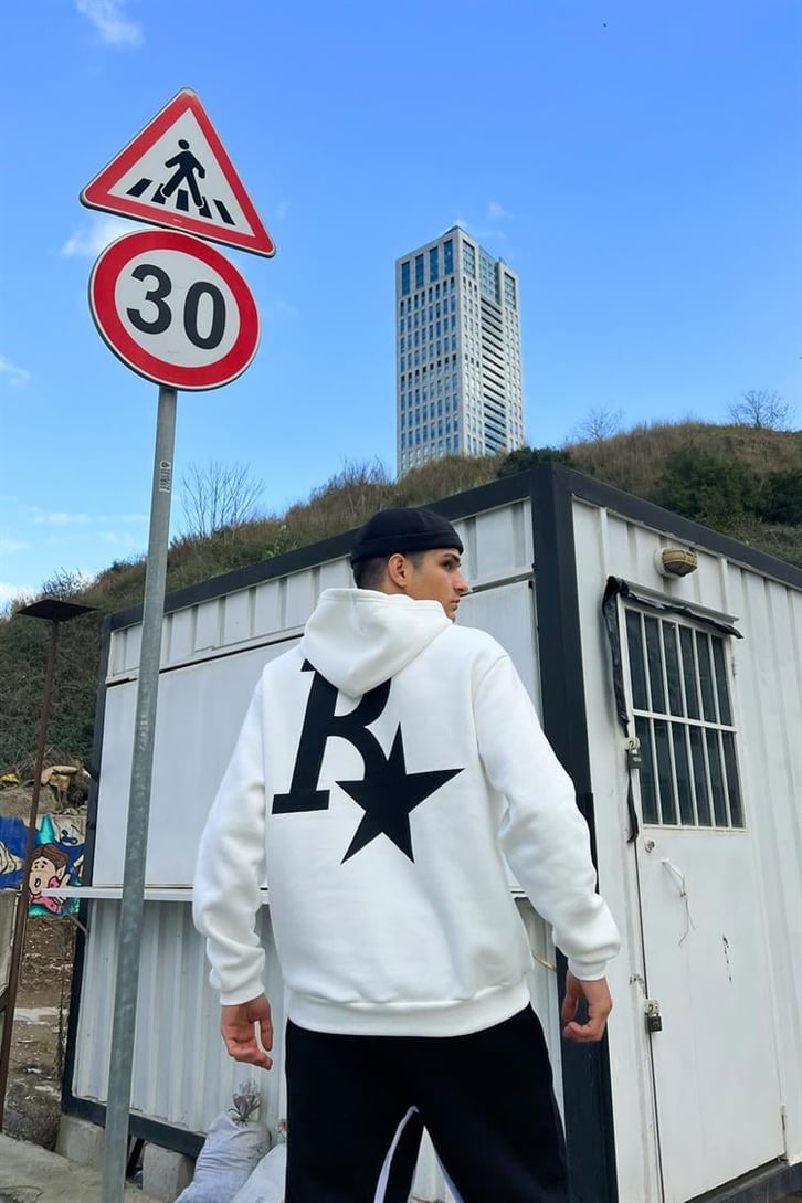 R Star Sırt Baskılı Beyaz İçi Pamuklu Oversize Hoodie