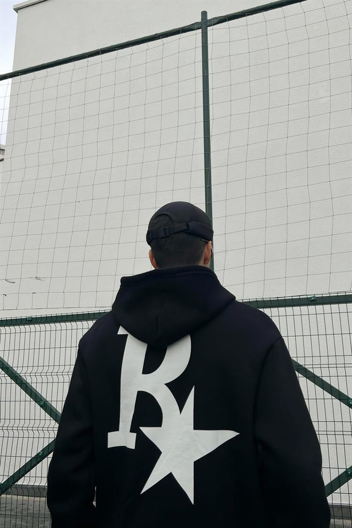 R Star Sırt Baskılı Siyah İçi Pamuklu Oversize Hoodie
