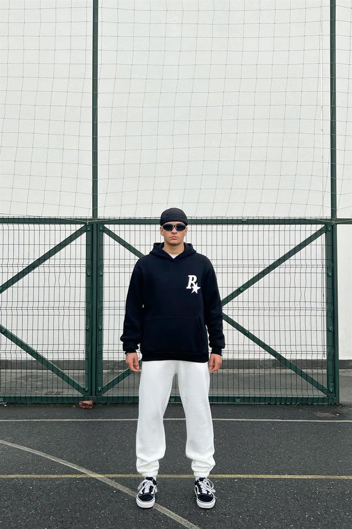 R Star Sırt Baskılı Siyah İçi Pamuklu Oversize Hoodie
