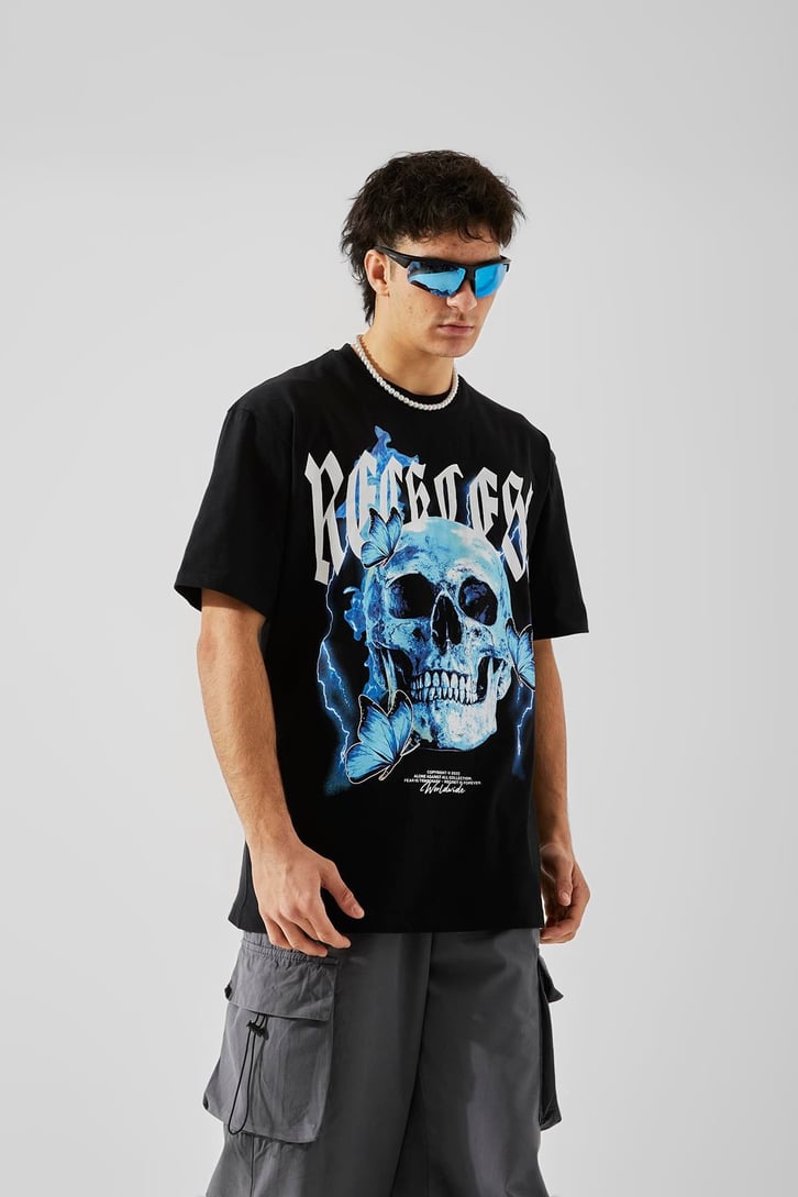 Reckless Skull Baskılı Siyah Oversize Tişört