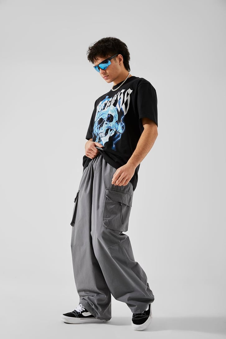 Reckless Skull Baskılı Siyah Oversize Tişört