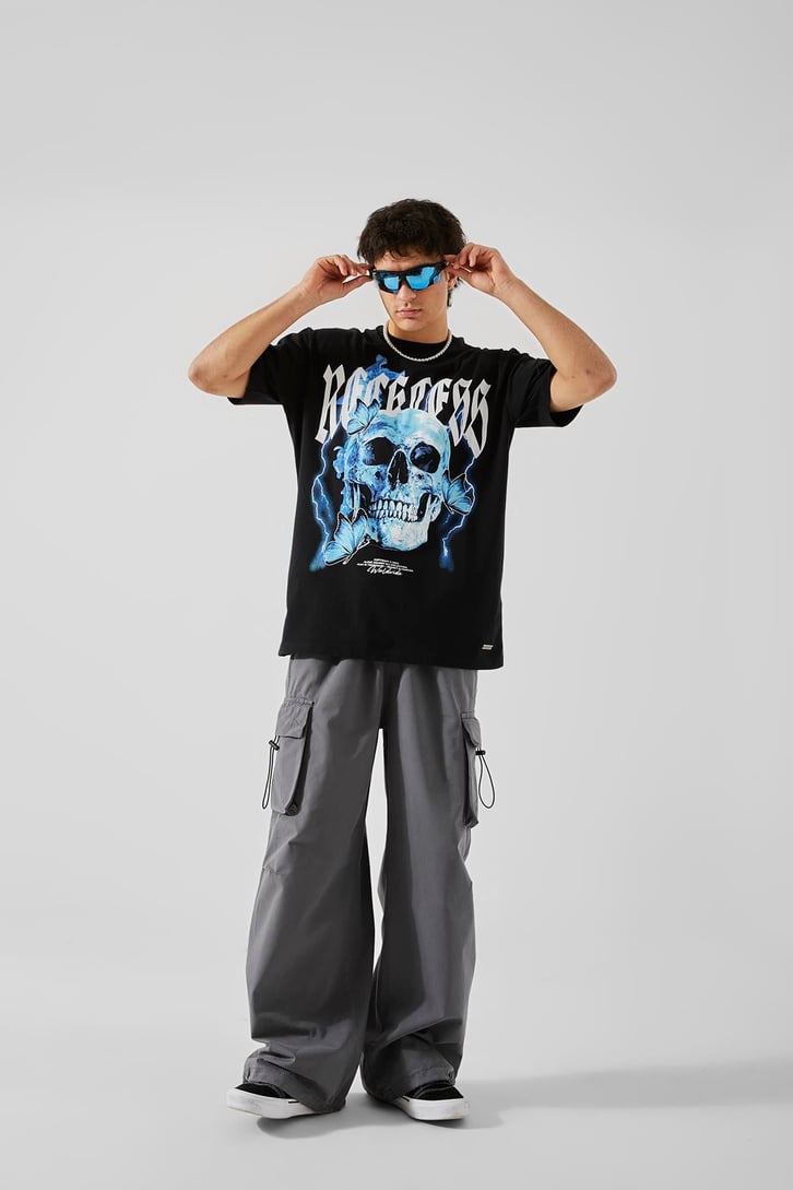 Reckless Skull Baskılı Siyah Oversize Tişört