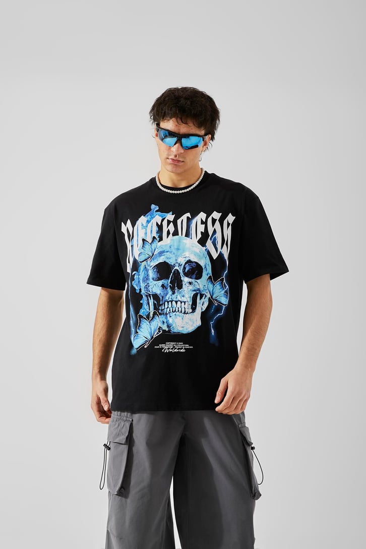 Reckless Skull Baskılı Siyah Oversize Tişört