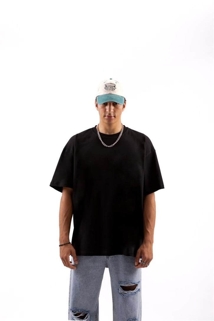 Recycle Baskılı Siyah Oversize Tişört