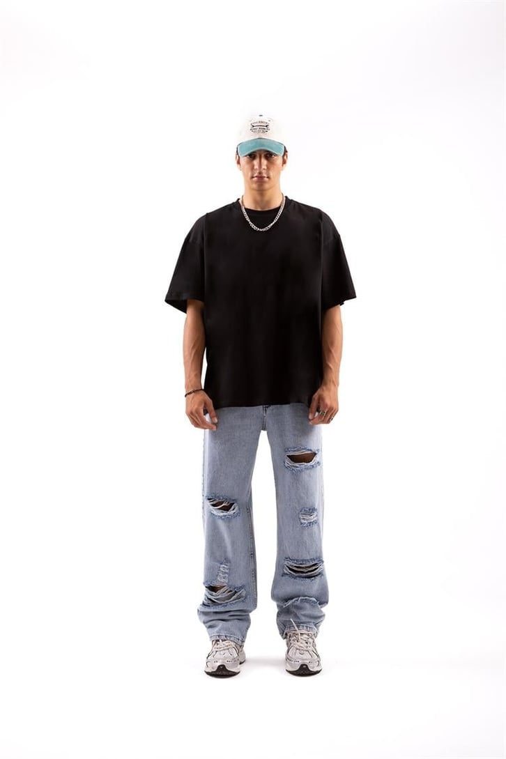 Recycle Baskılı Siyah Oversize Tişört
