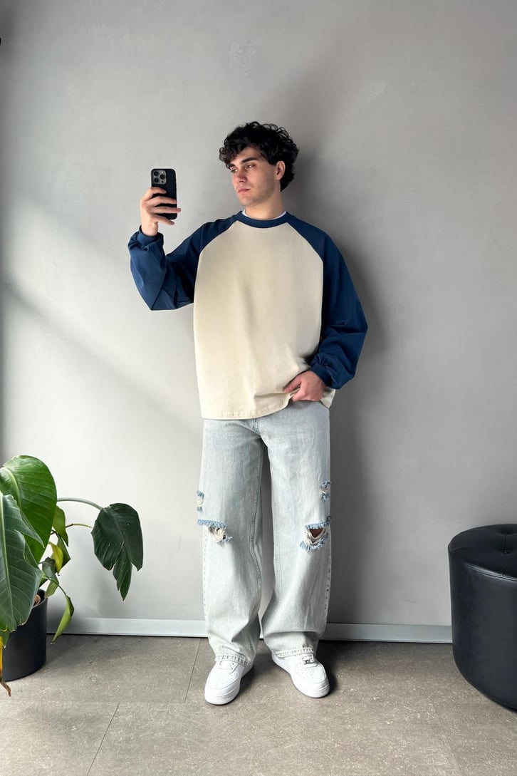 Reglan Kol Oversize İndigo Long Sleeve Tişört