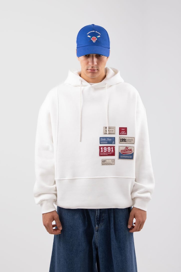 Relax Fit 90's Etiketli Beyaz Hoodie