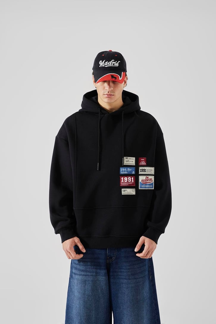 Relax Fit 90's Etiketli Siyah Hoodie