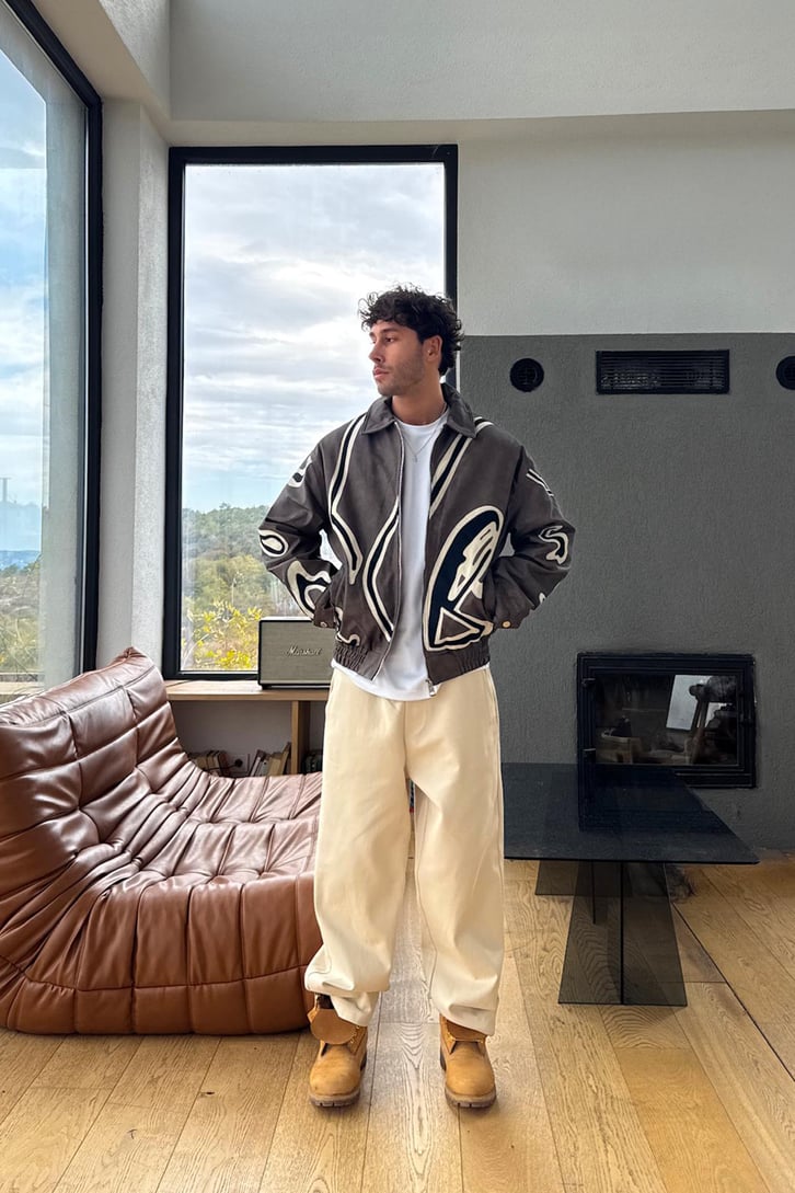 Relax Fit Nakışlı Deri Ceket