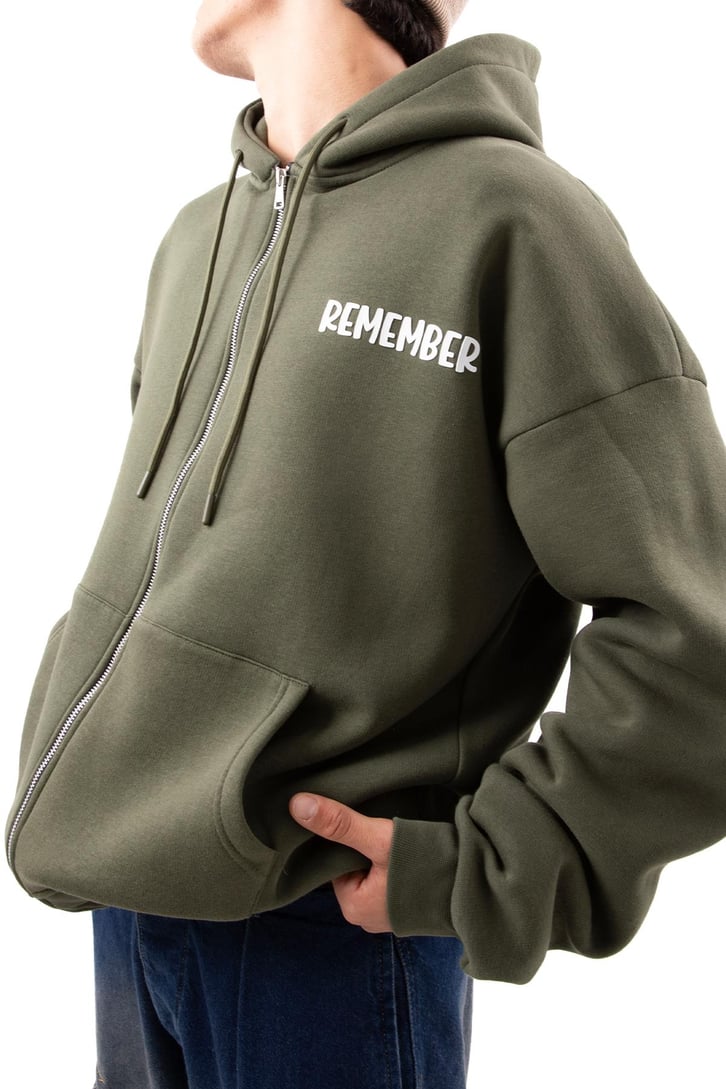 Remember Baskılı Beyaz Oversize Zip Hoodie