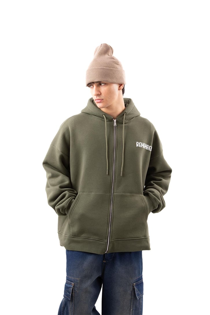 Remember Baskılı Beyaz Oversize Zip Hoodie