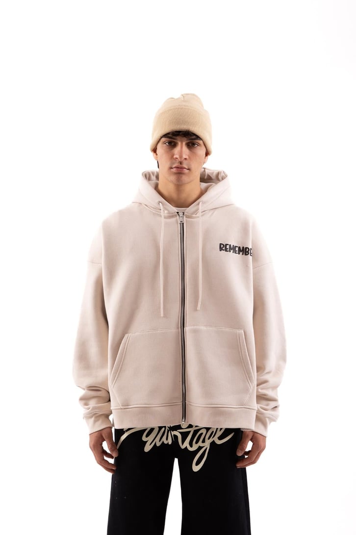 Remember Baskılı Taş Rengi Oversize Zip Hoodie