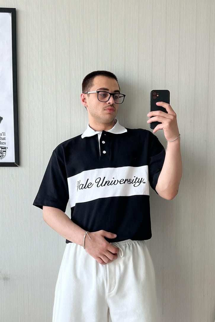 Renk Bloklu Nakışlı Polo Yaka Oversize Tişört