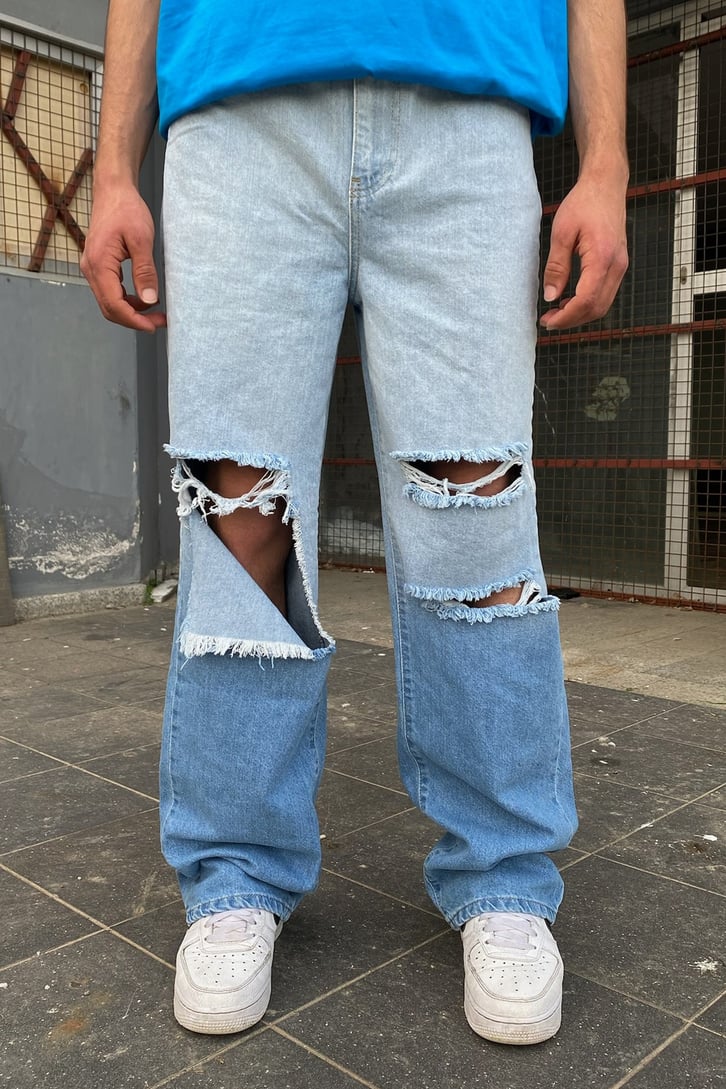 Renk Geçişli Yırtık Detaylı Baggy Jean