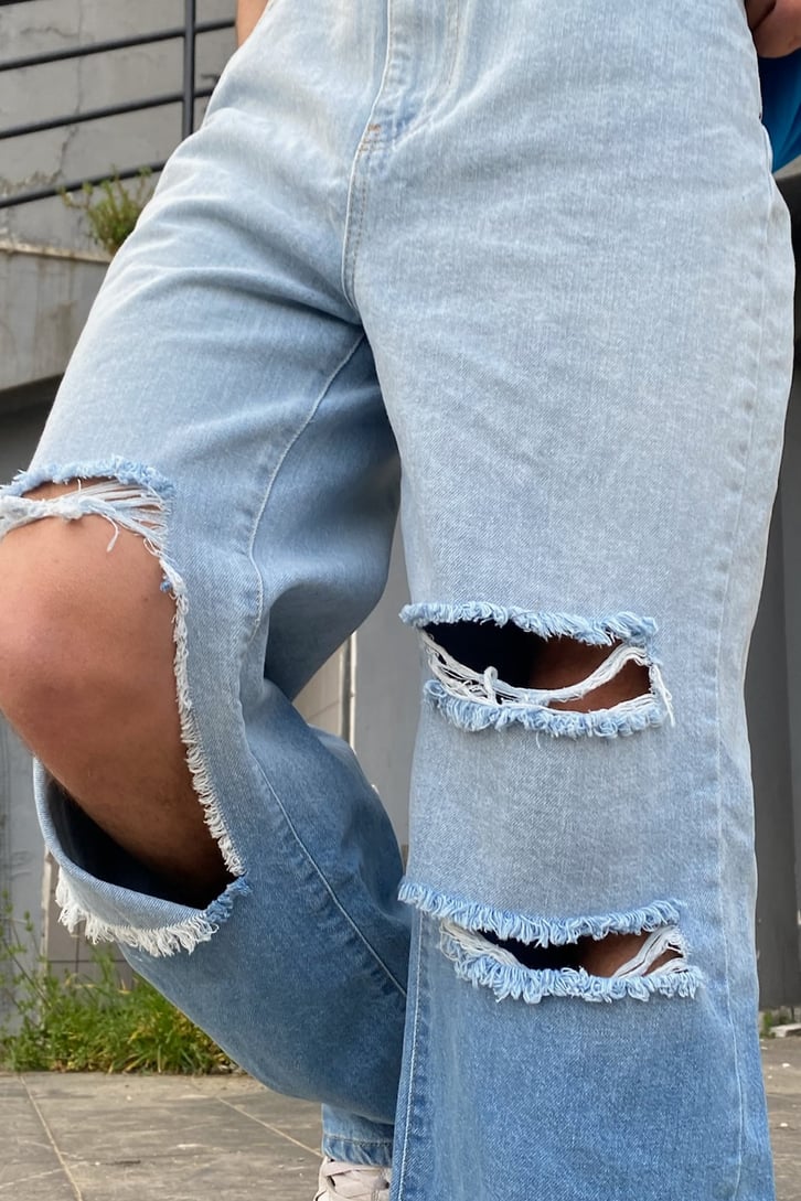 Renk Geçişli Yırtık Detaylı Baggy Jean
