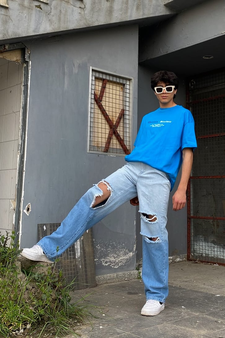 Renk Geçişli Yırtık Detaylı Baggy Jean