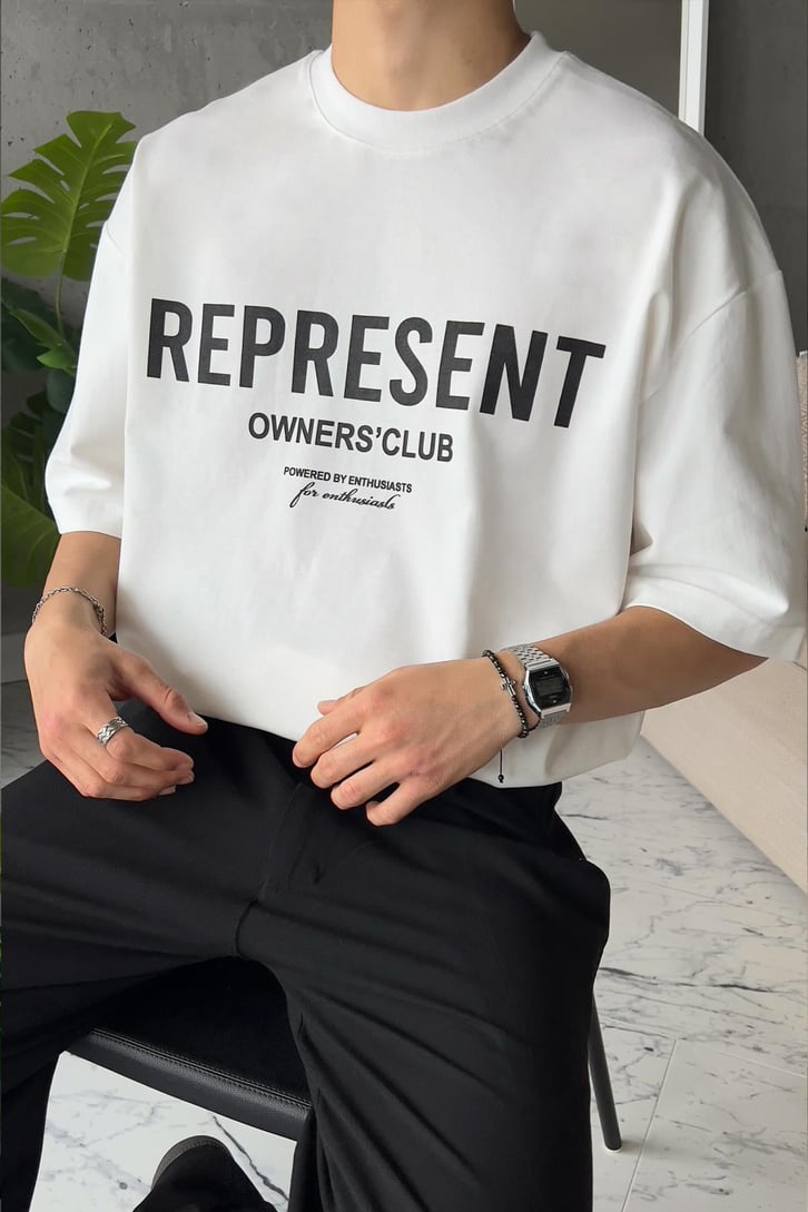Represent Baskılı Beyaz Oversize Tişört