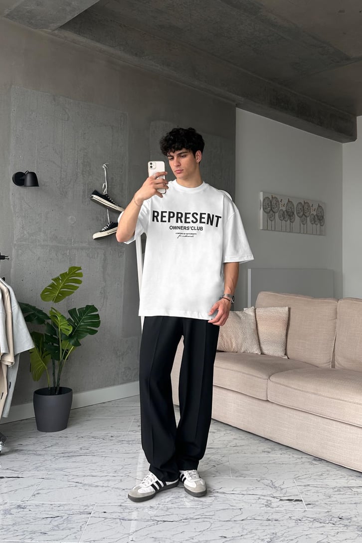 Represent Baskılı Beyaz Oversize Tişört