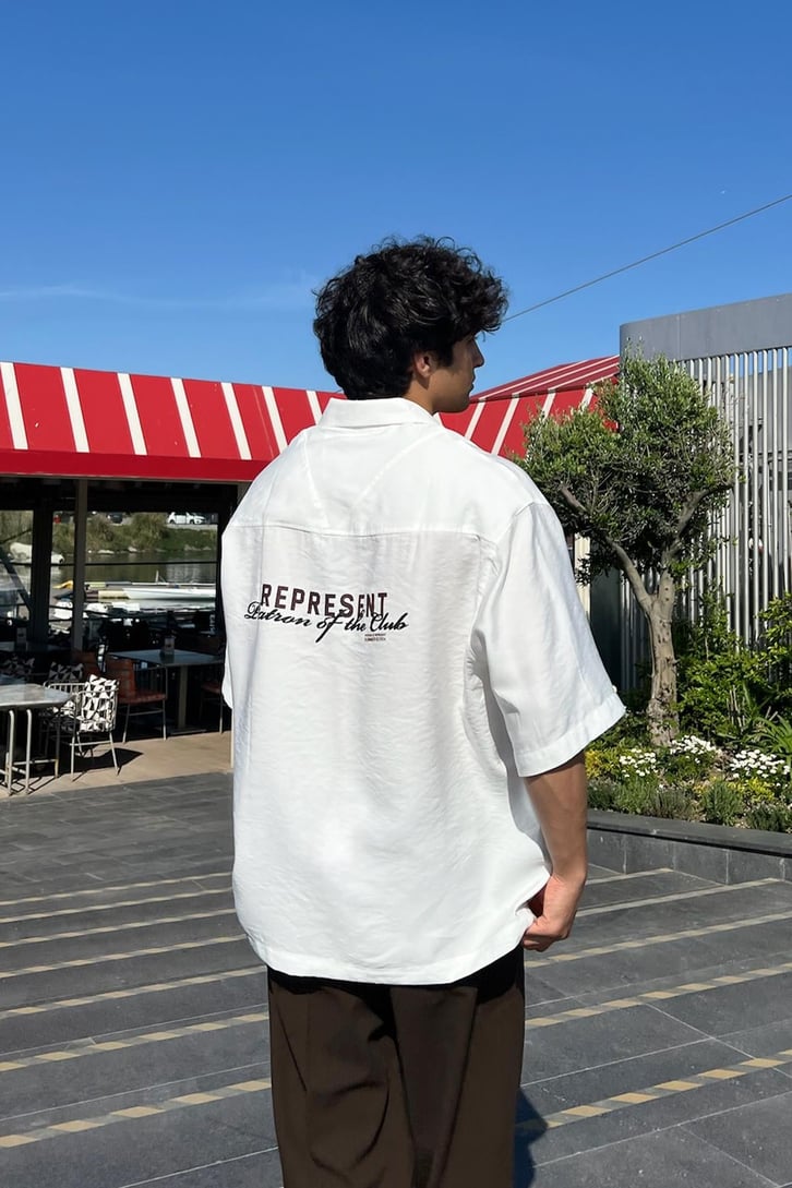 Represent Baskılı Ekru Kısa Kol Gömlek