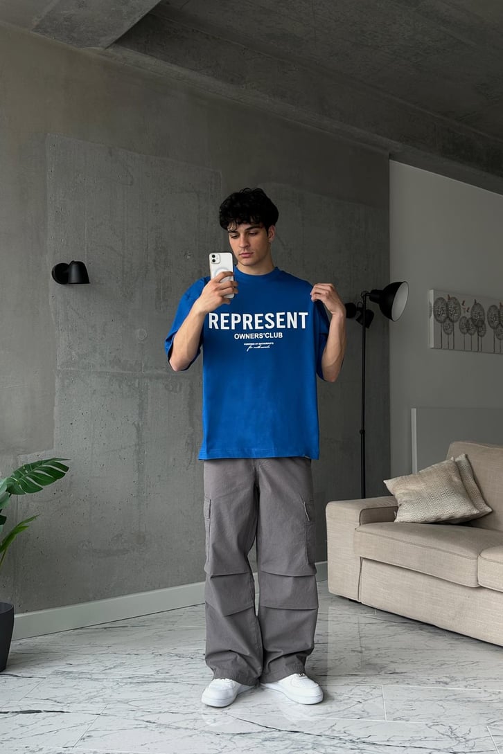Represent Baskılı Mavi Oversize Tişört