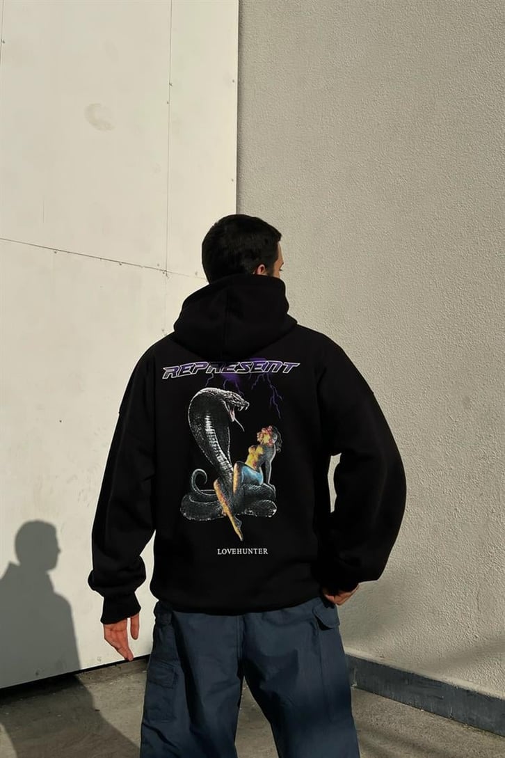 Represent Baskılı Siyah Oversize Hoodie