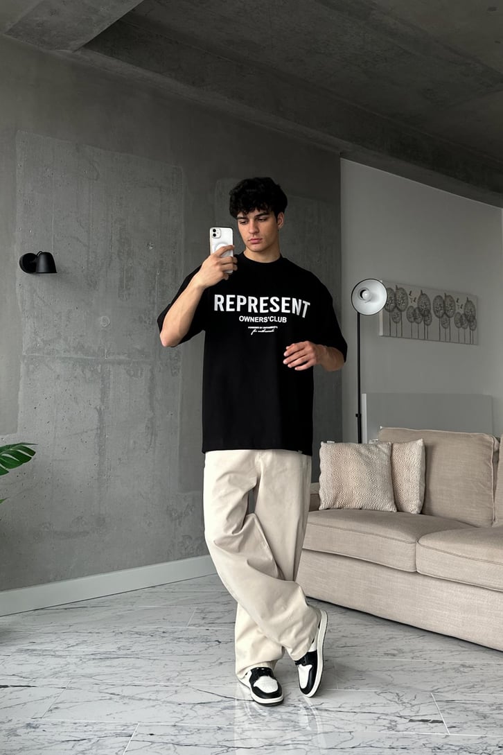 Represent Baskılı Siyah Oversize Tişört