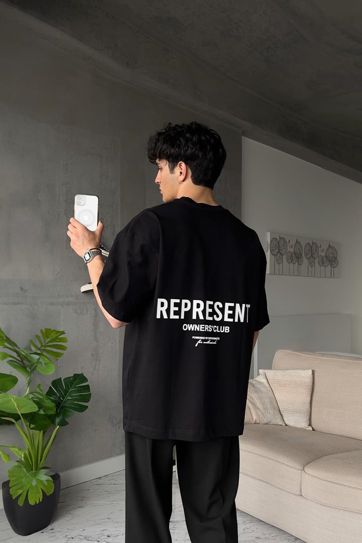 Represent Sırt Baskılı Siyah Oversize Tişört