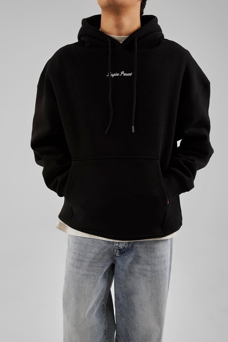 Respire Present Baskılı Siyah Oversize Hoodie