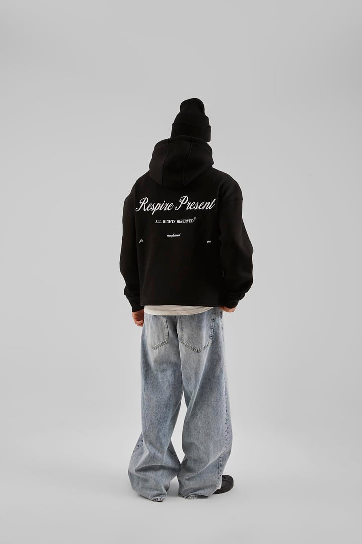 Respire Present Baskılı Siyah Oversize Hoodie