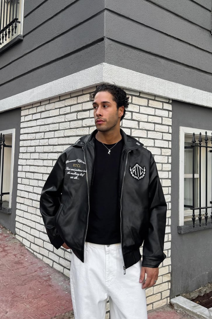 Retro Club Nakışlı Deri Ceket