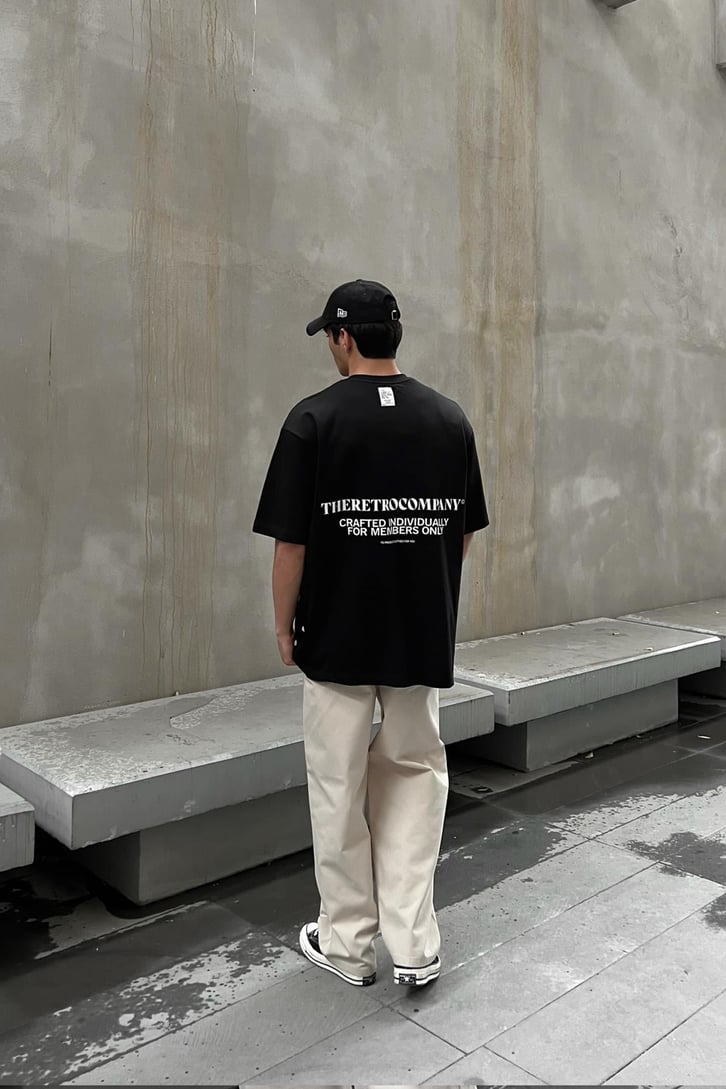 Retro Company Baskılı Siyah Oversize Tişört