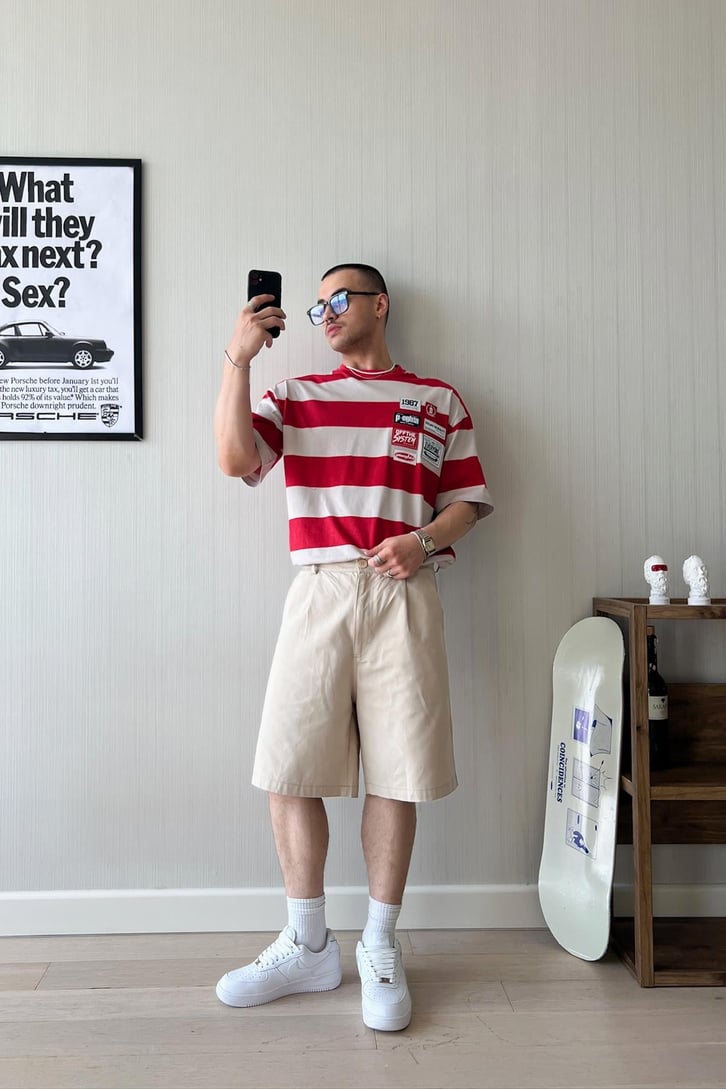 Retro Vibe Etiket Nakışlı Çizgili Oversize Tişört