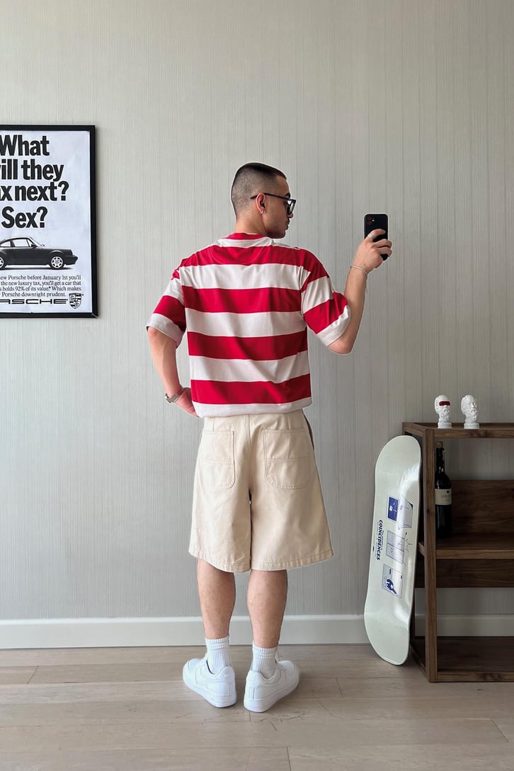 Retro Vibe Etiket Nakışlı Çizgili Oversize Tişört