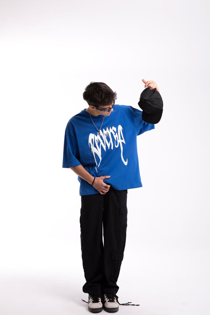 Reverse Baskılı Mavi Oversize Tshirt