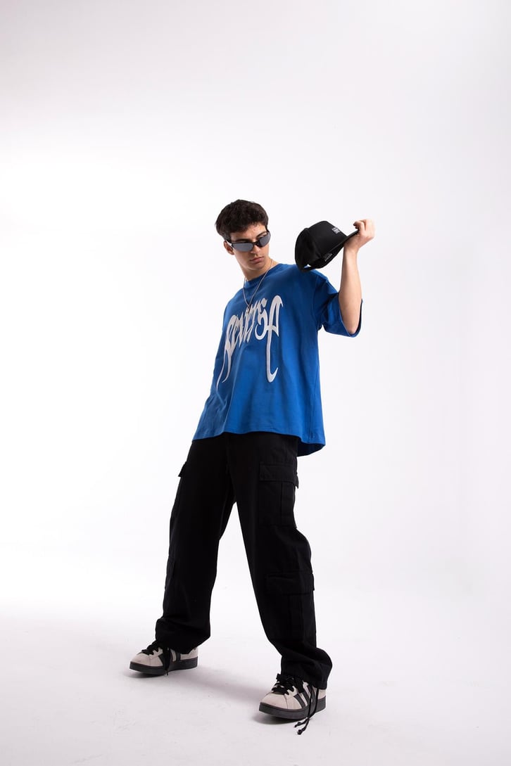 Reverse Baskılı Mavi Oversize Tshirt