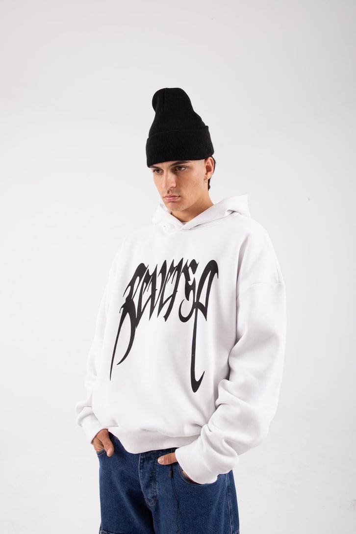 Reverse Baskılı Siyah Oversize Hoodie