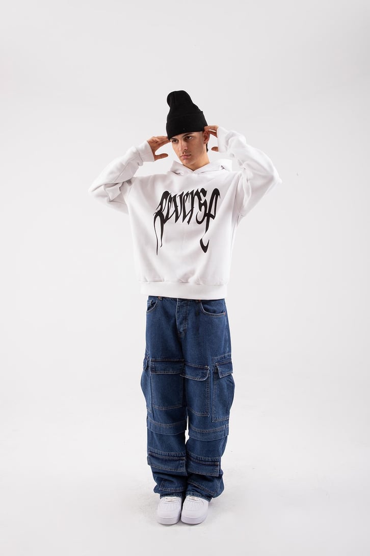 Reverse Baskılı Siyah Oversize Hoodie