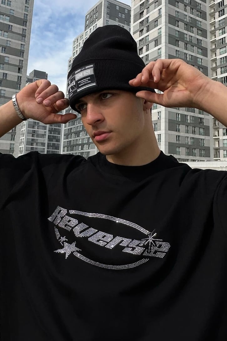 Reverse Rhinestone Siyah Oversize Tişört