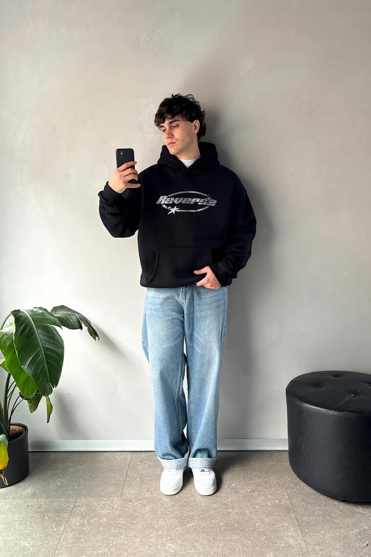 Reverse Taş İşlemeli Oversize Hoodie