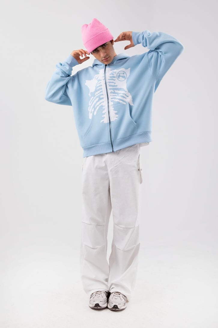 Rıb Cage Baskılı Mavi Oversize Zip Hoodie
