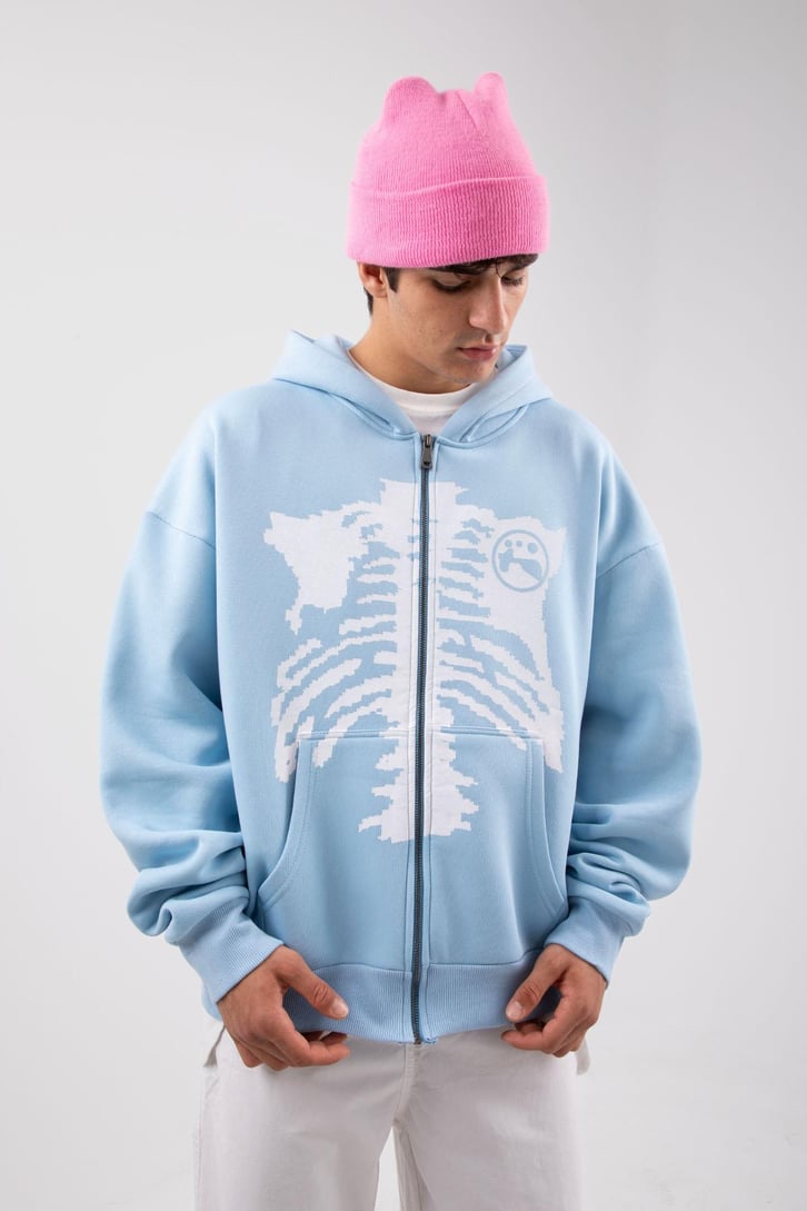 Rıb Cage Baskılı Mavi Oversize Zip Hoodie