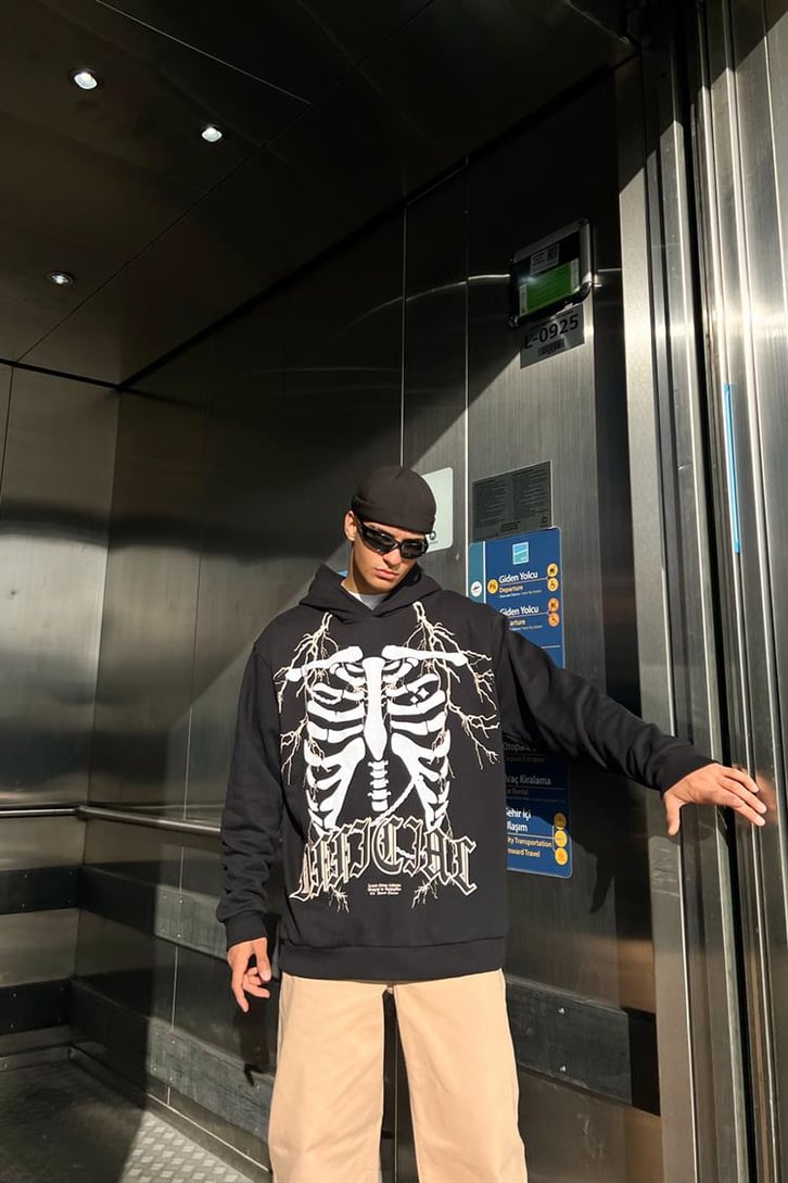 Rib Cage Baskılı Siyah İçi Pamuklu Oversize Hoodie