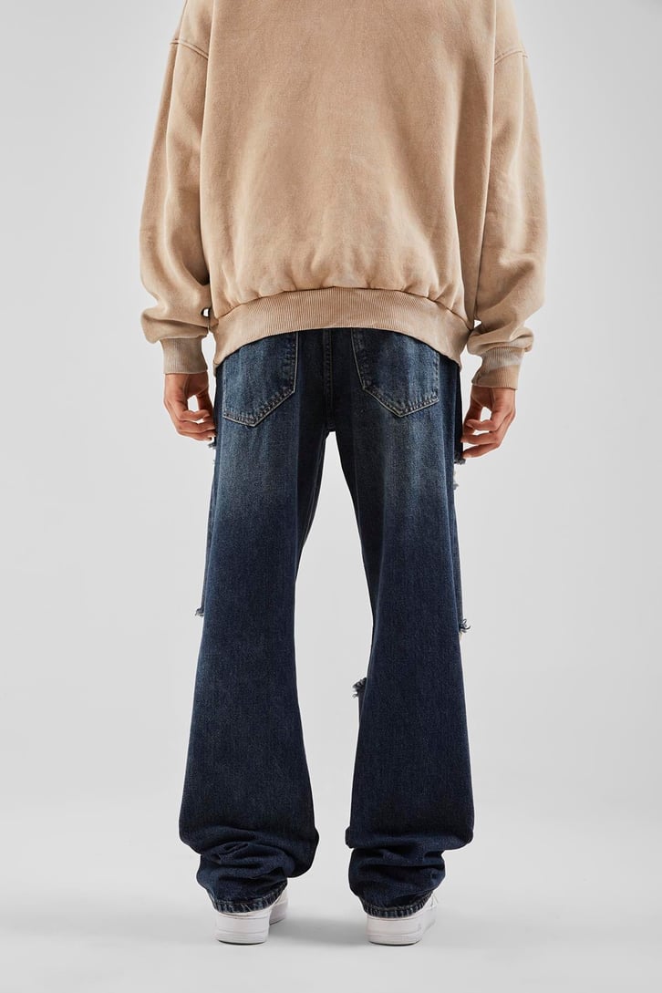 Ripped Boya Detaylı Koyu Mavi Baggy Jean