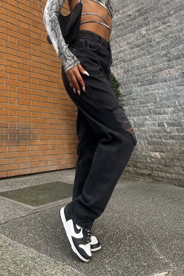Ripped Detail Antrasit Baggy Jean