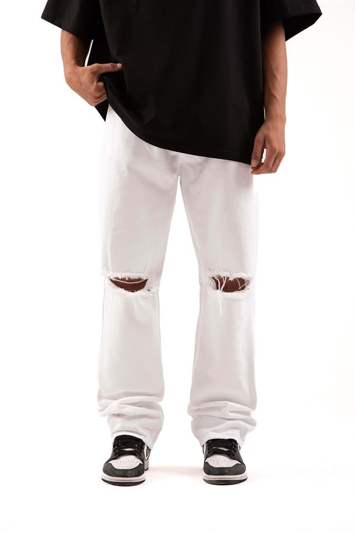 Ripped Detail Beyaz Baggy Jean