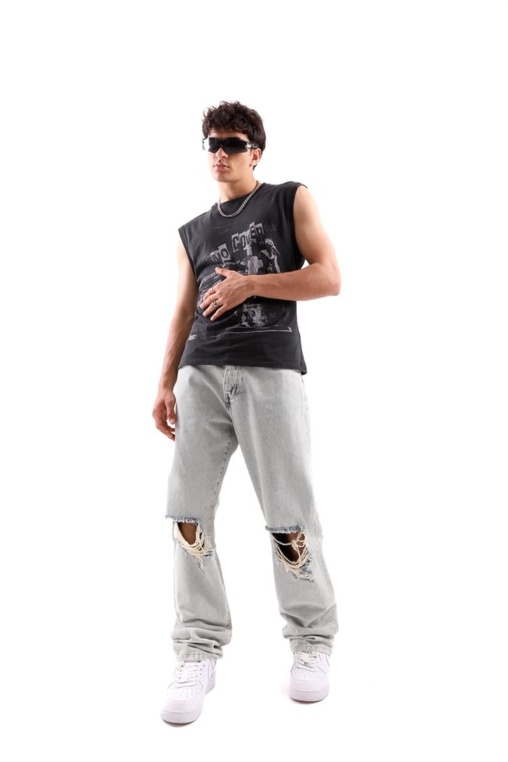 Ripped Detail Buz Mavi Baggy Jean