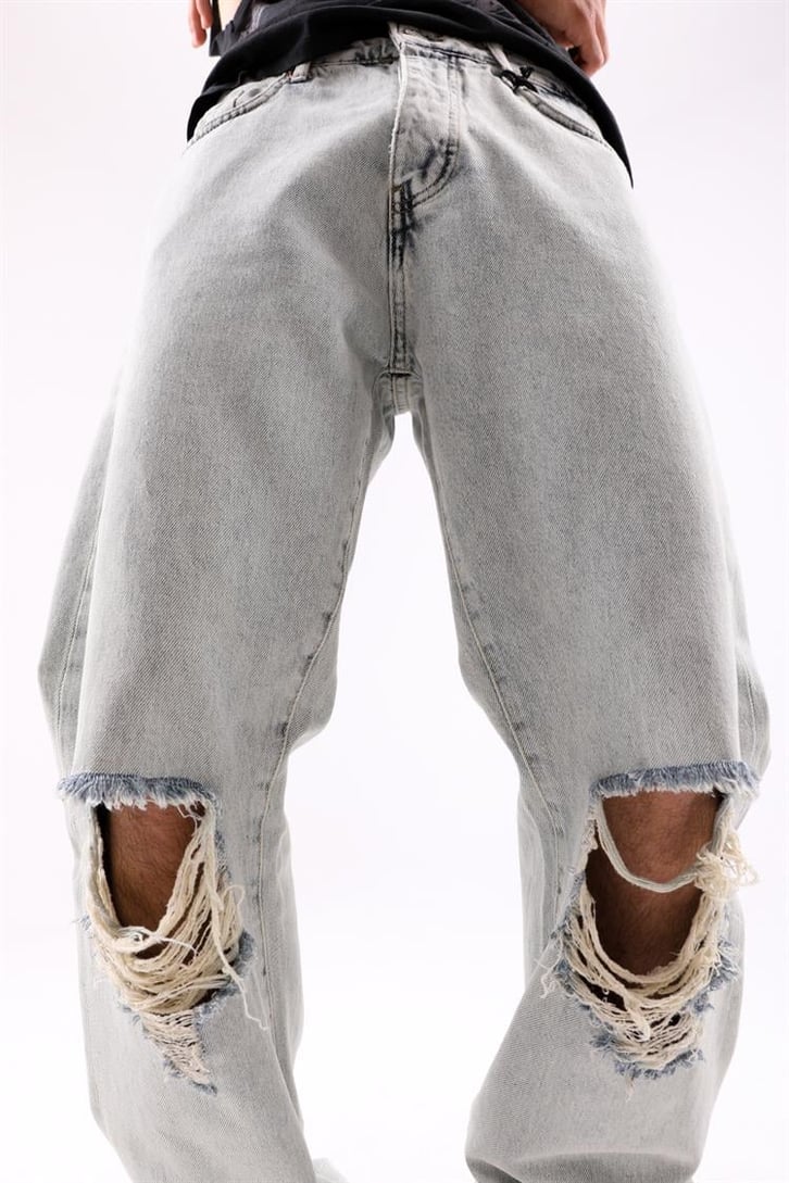Ripped Detail Buz Mavi Baggy Jean