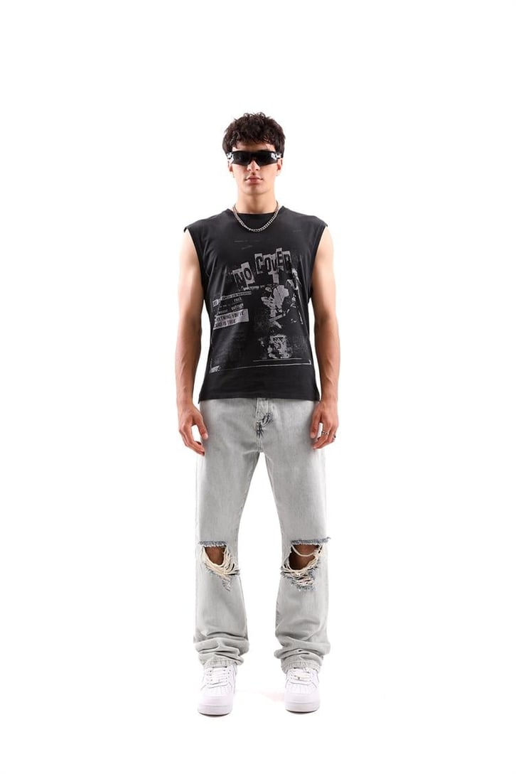 Ripped Detail Buz Mavi Baggy Jean