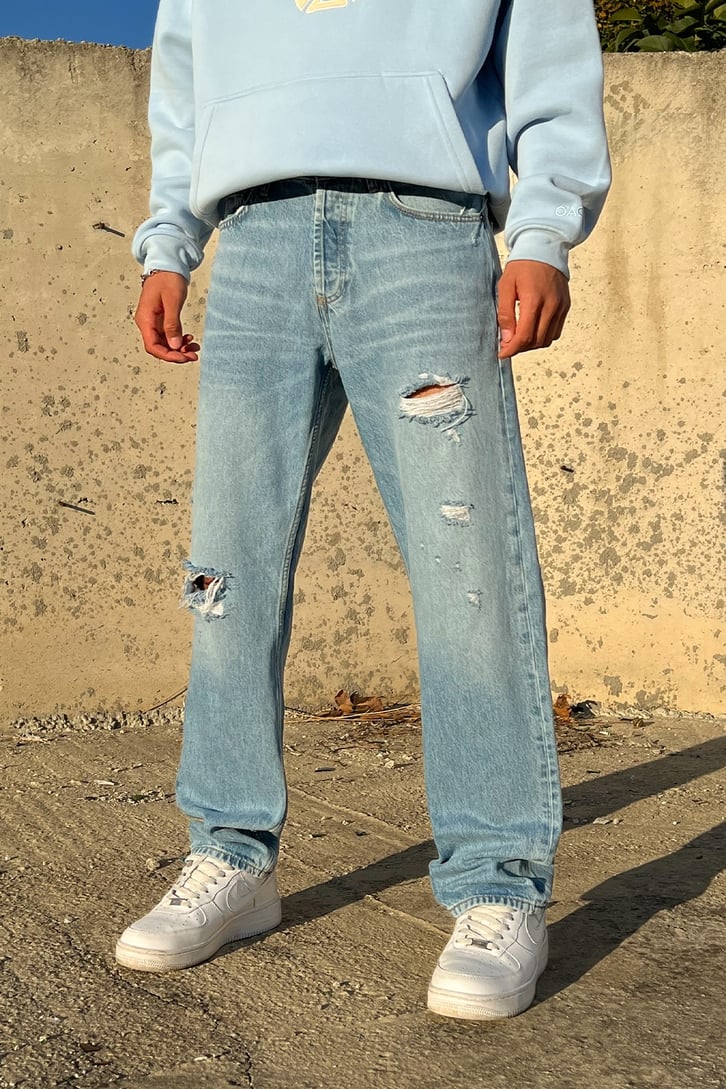 Ripped Detail Buz Mavi Baggy Jean