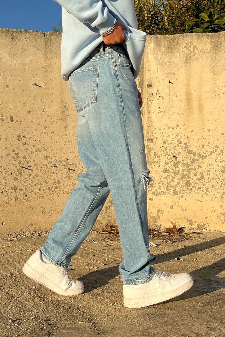 Ripped Detail Buz Mavi Baggy Jean